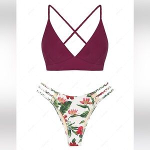 ZAFUL Lace-Up Criss Cross Braided Strappy Flower Bikini Set - Deep Red M